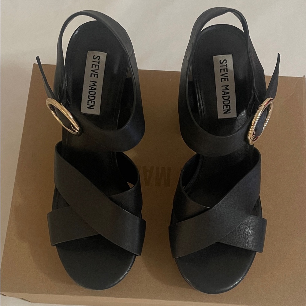 Steve Madden Black Strappy Heels with Gold Buckle